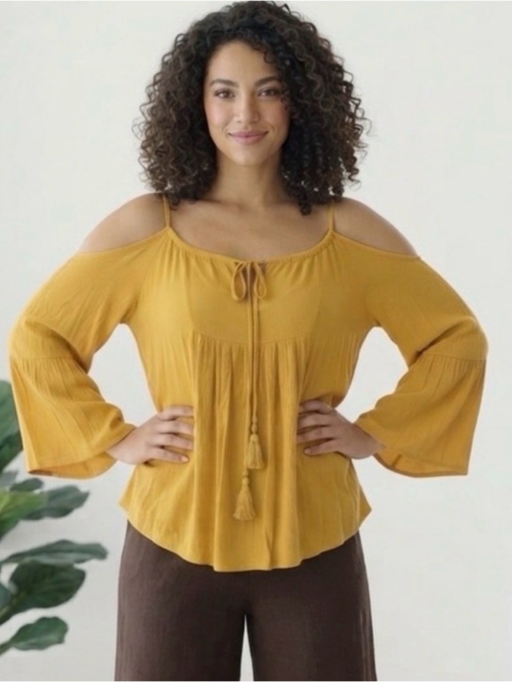 Andthewhy Boho Cold-Shoulder Mustard Top with Tassel